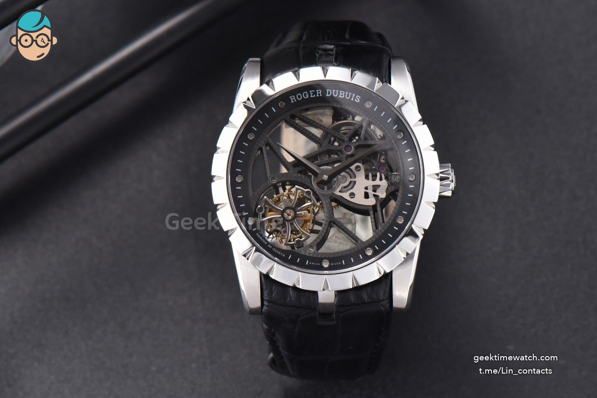 Excalibur SS JBF 45MM Black Crown Skeleton Dial Black Croc Leather Strap A2136 Tourbillon