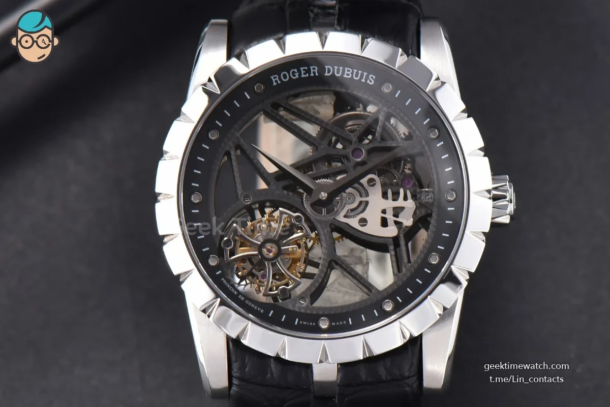 Excalibur SS JBF 45MM Black Crown Skeleton Dial Black Croc Leather Strap A2136 Tourbillon
