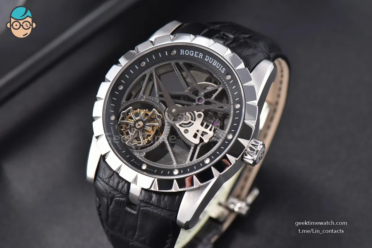 Excalibur SS JBF 45MM Black Crown Skeleton Dial Black Croc Leather Strap A2136 Tourbillon