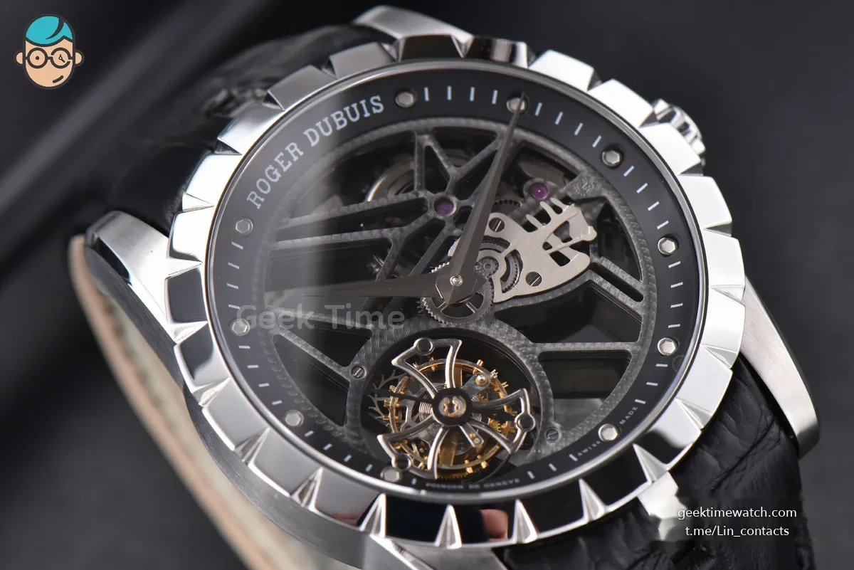 Excalibur SS JBF 45MM Black Crown Skeleton Dial Black Croc Leather Strap A2136 Tourbillon