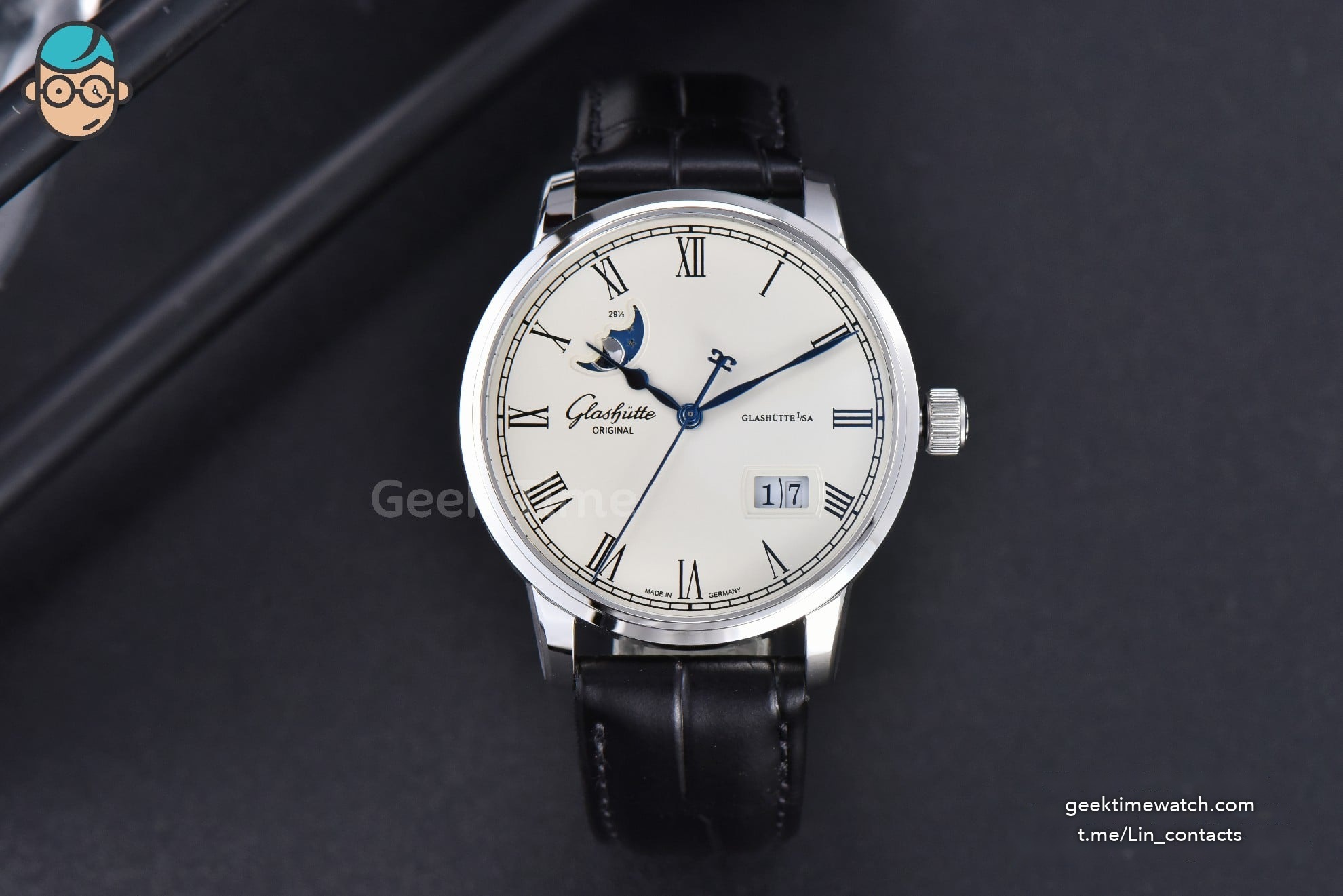 Excellence Panorama V9F 40MM SS Date Moonphase White Dial Black Leather Strap A100