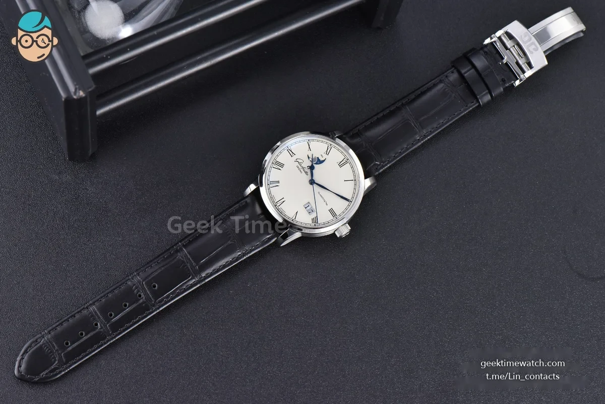Excellence Panorama V9F 40MM SS Date Moonphase White Dial Black Leather Strap A100