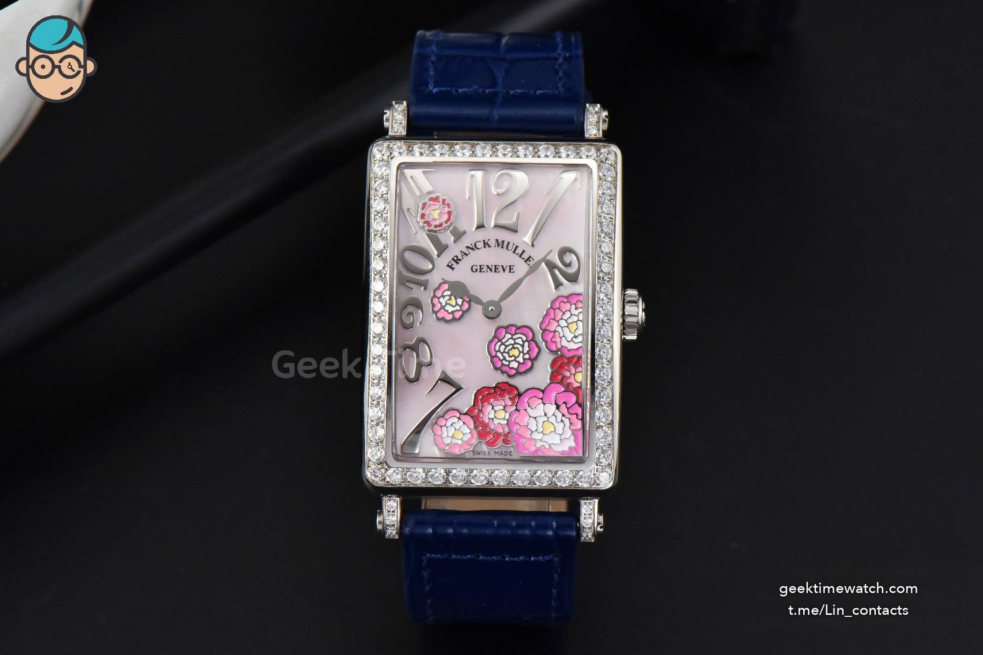 Long Island Ladies 26mm ZF Diamond MOP Dial Blue Leather Strap Swiss Ronda Quartz