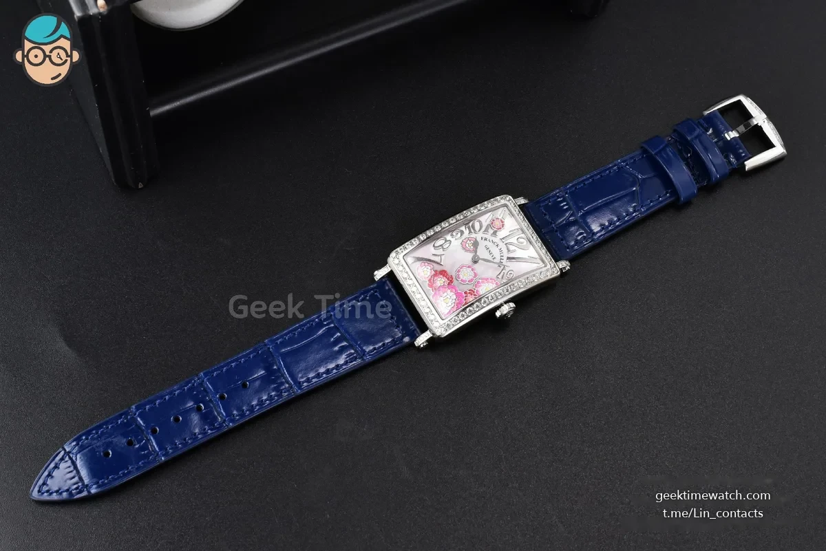 Long Island Ladies 26mm ZF Diamond MOP Dial Blue Leather Strap Swiss Ronda Quartz