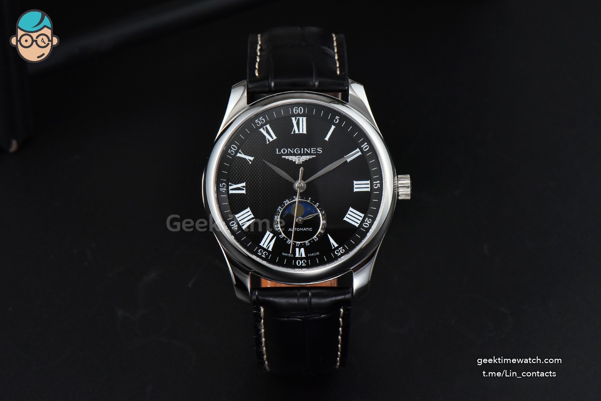 Longines Master Moonphase 40MM GF Black Dial Roma Marker Black Leather Strap A899