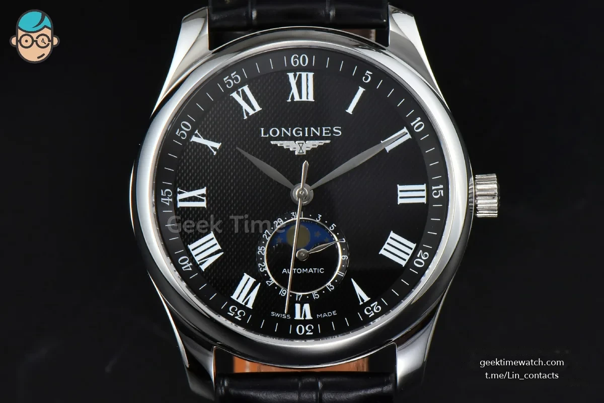Longines Master Moonphase 40MM GF Black Dial Roma Marker Black Leather Strap A899