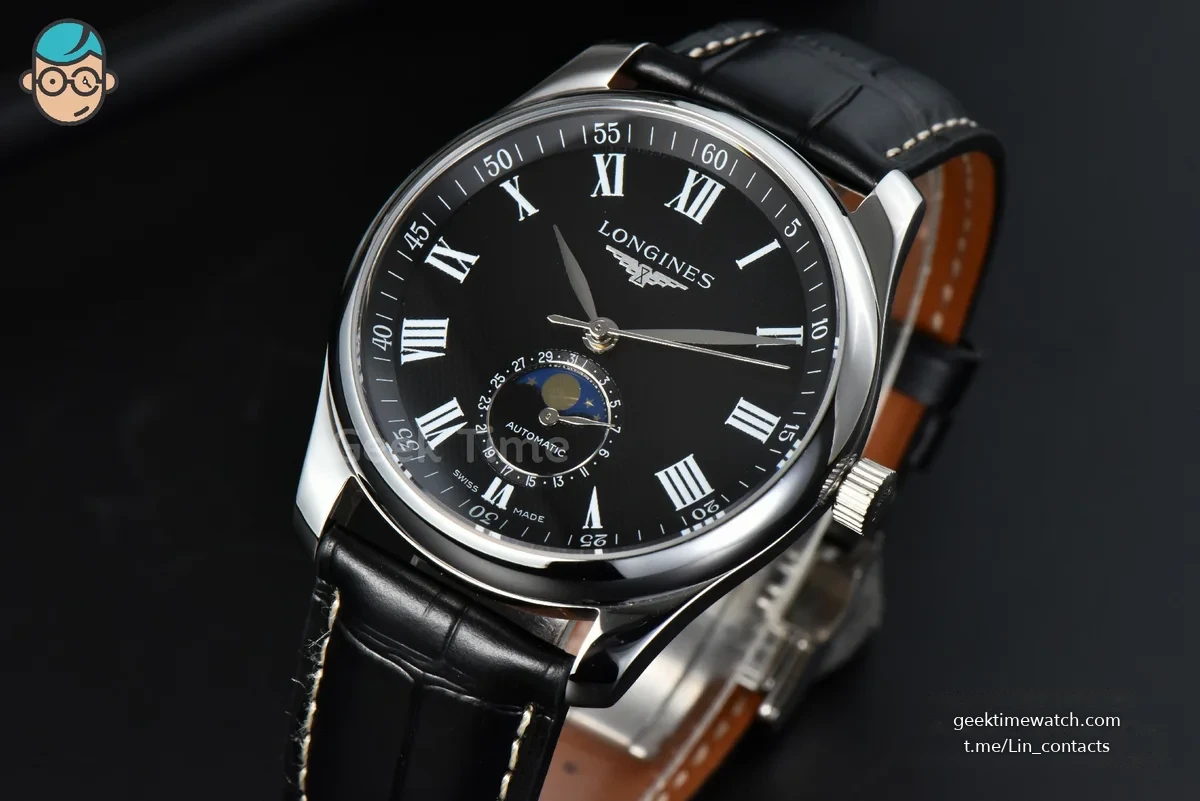 Longines Master Moonphase 40MM GF Black Dial Roma Marker Black Leather Strap A899
