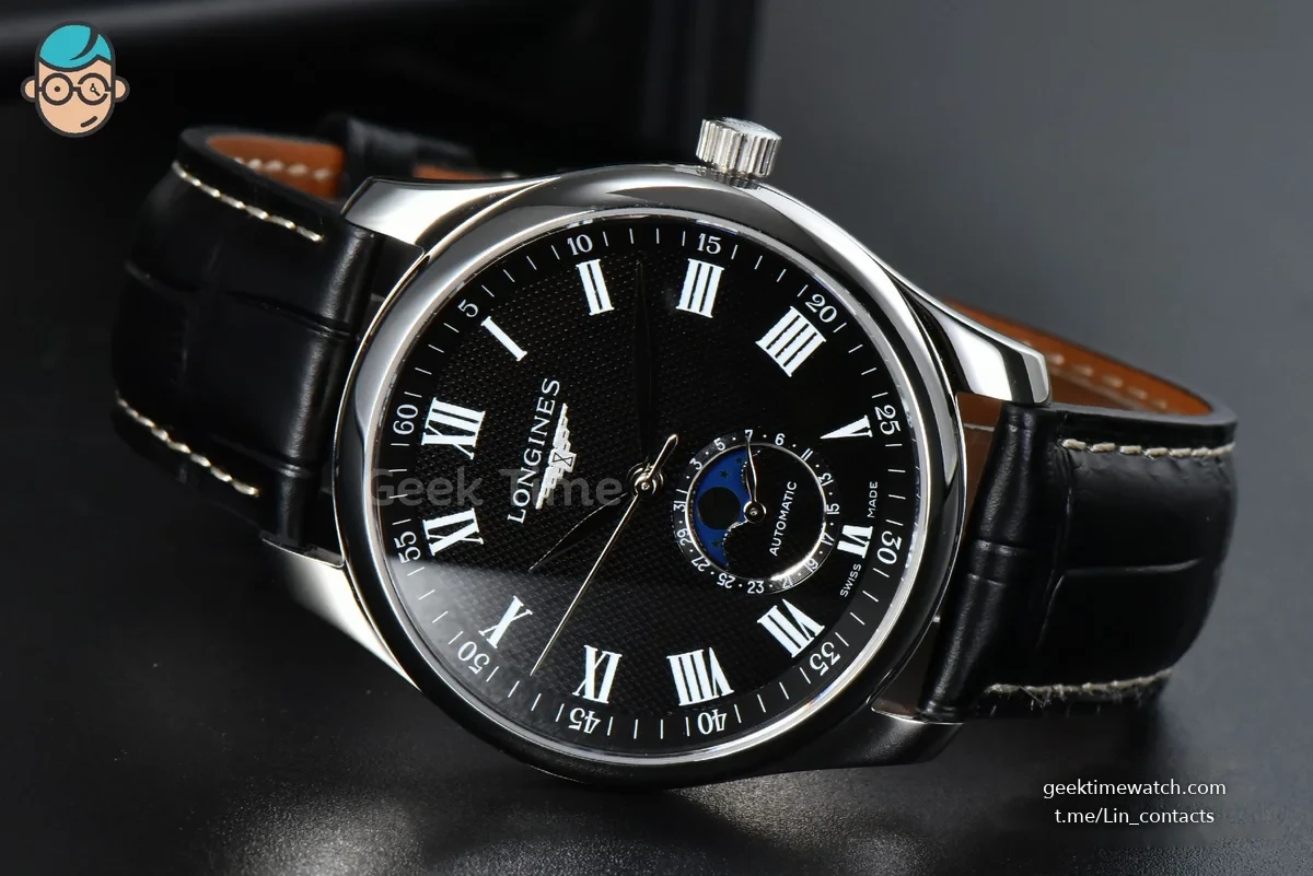 Longines Master Moonphase 40MM GF Black Dial Roma Marker Black Leather Strap A899