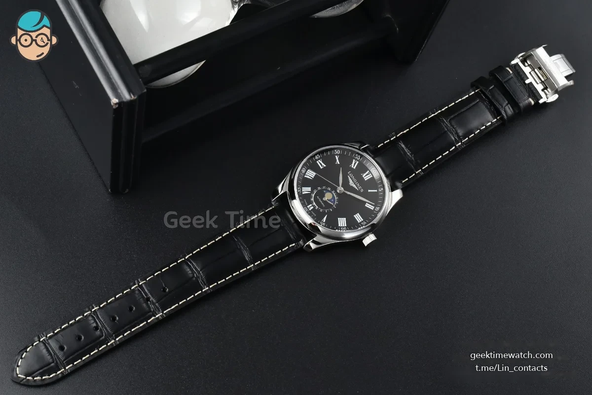 Longines Master Moonphase 40MM GF Black Dial Roma Marker Black Leather Strap A899