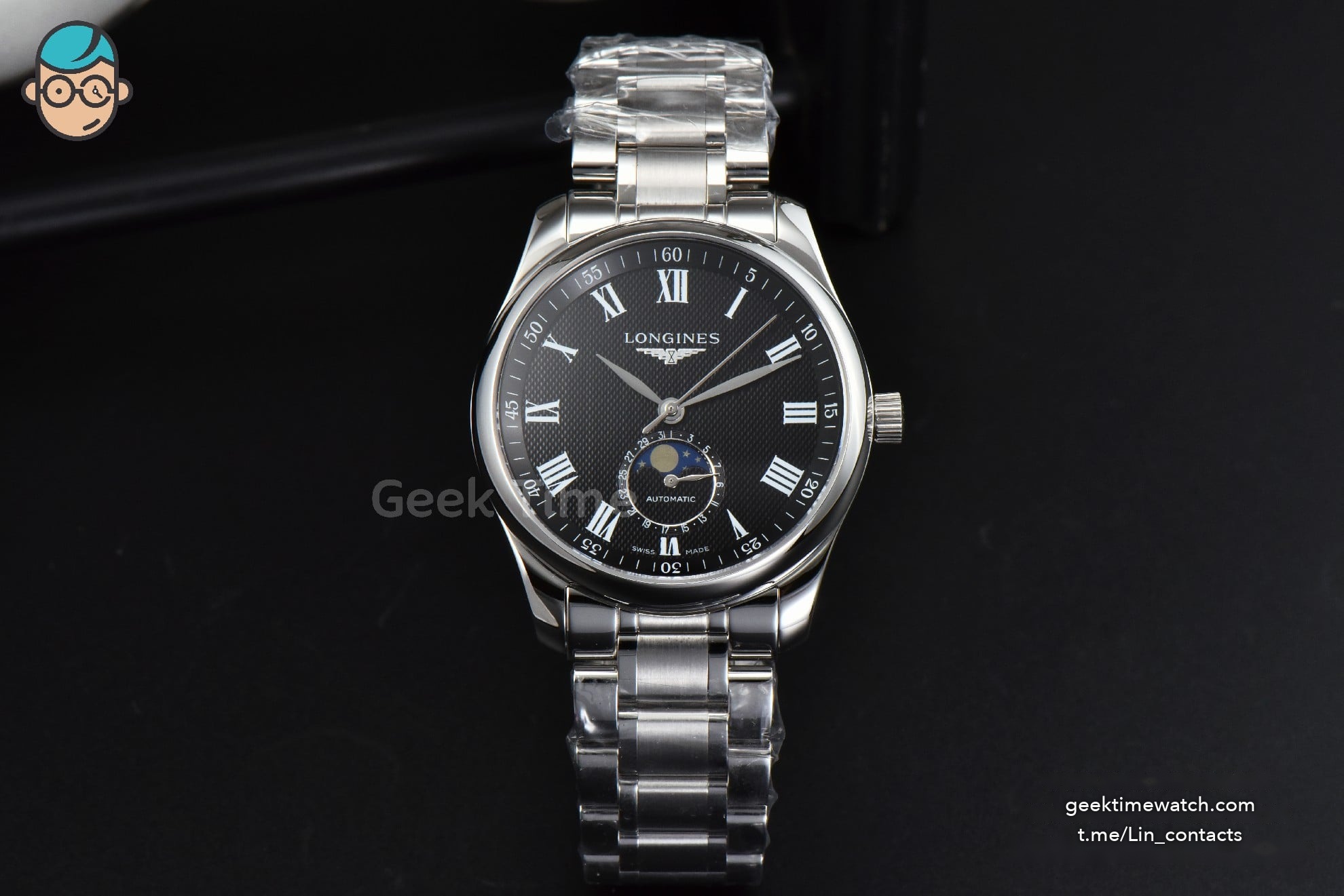 Longines Master Moonphase 40MM GF Black Dial Roma Marker SS Bracelet A899