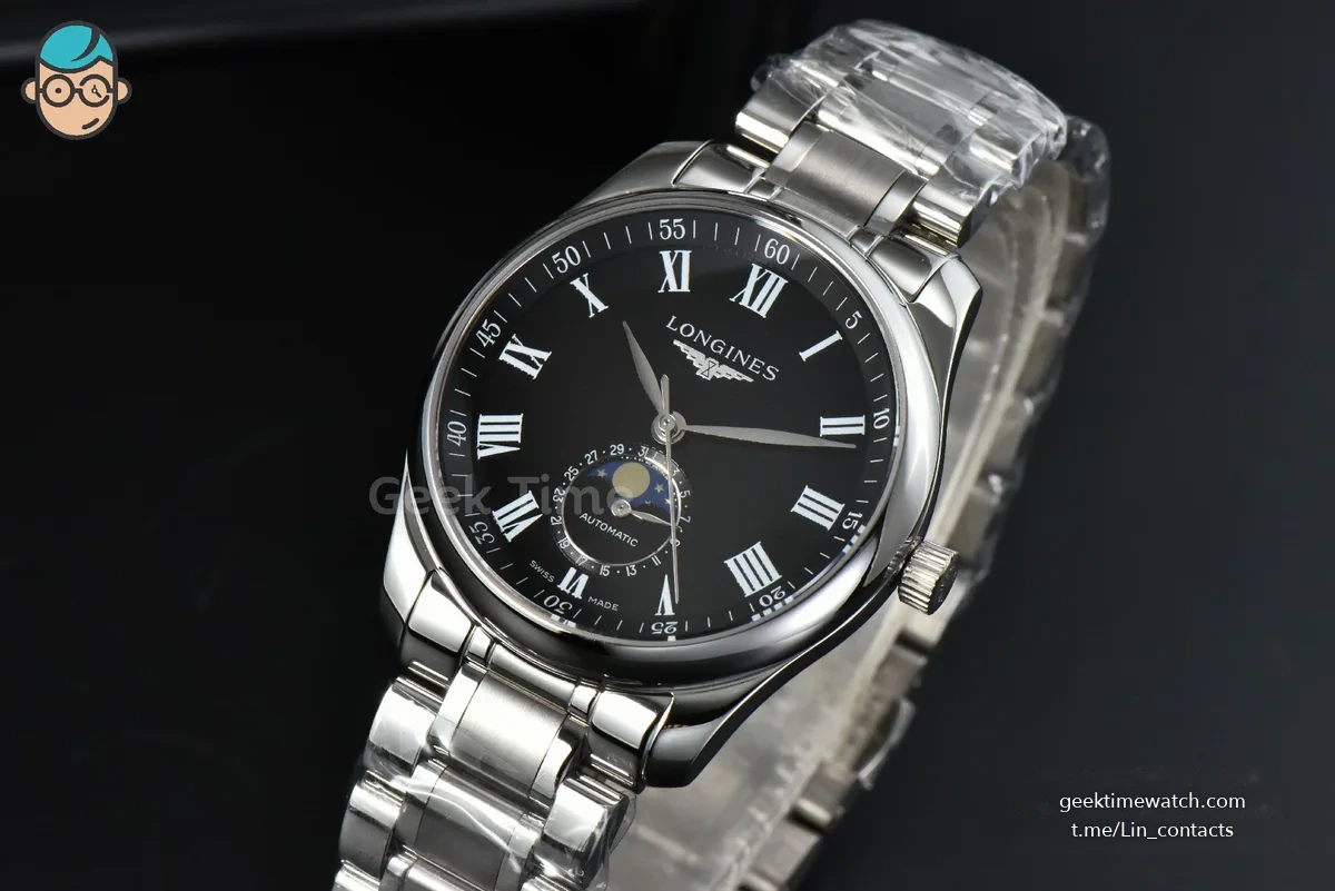 Longines Master Moonphase 40MM GF Black Dial Roma Marker SS Bracelet A899