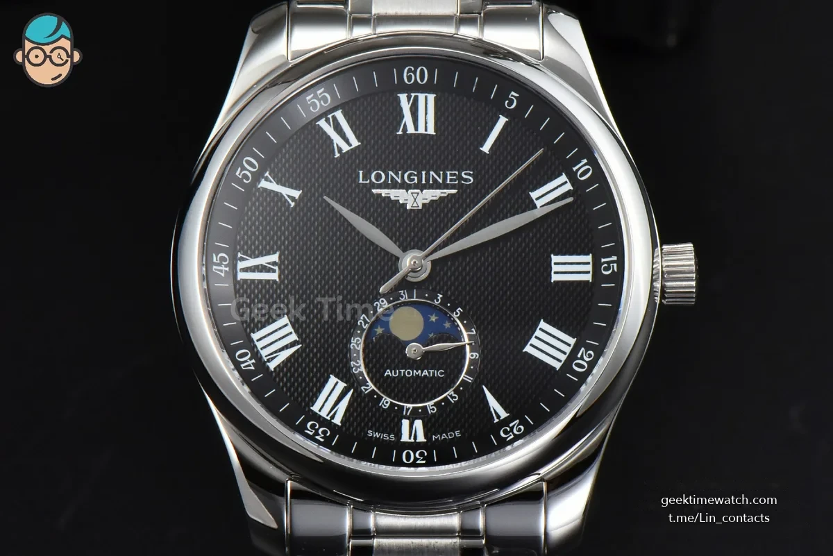 Longines Master Moonphase 40MM GF Black Dial Roma Marker SS Bracelet A899