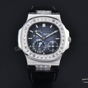 Nautilus 5712 40mm Gray PPF Diamond Bezel Blue Dial Diamond Marker Moonphase Black Leather Strap A240