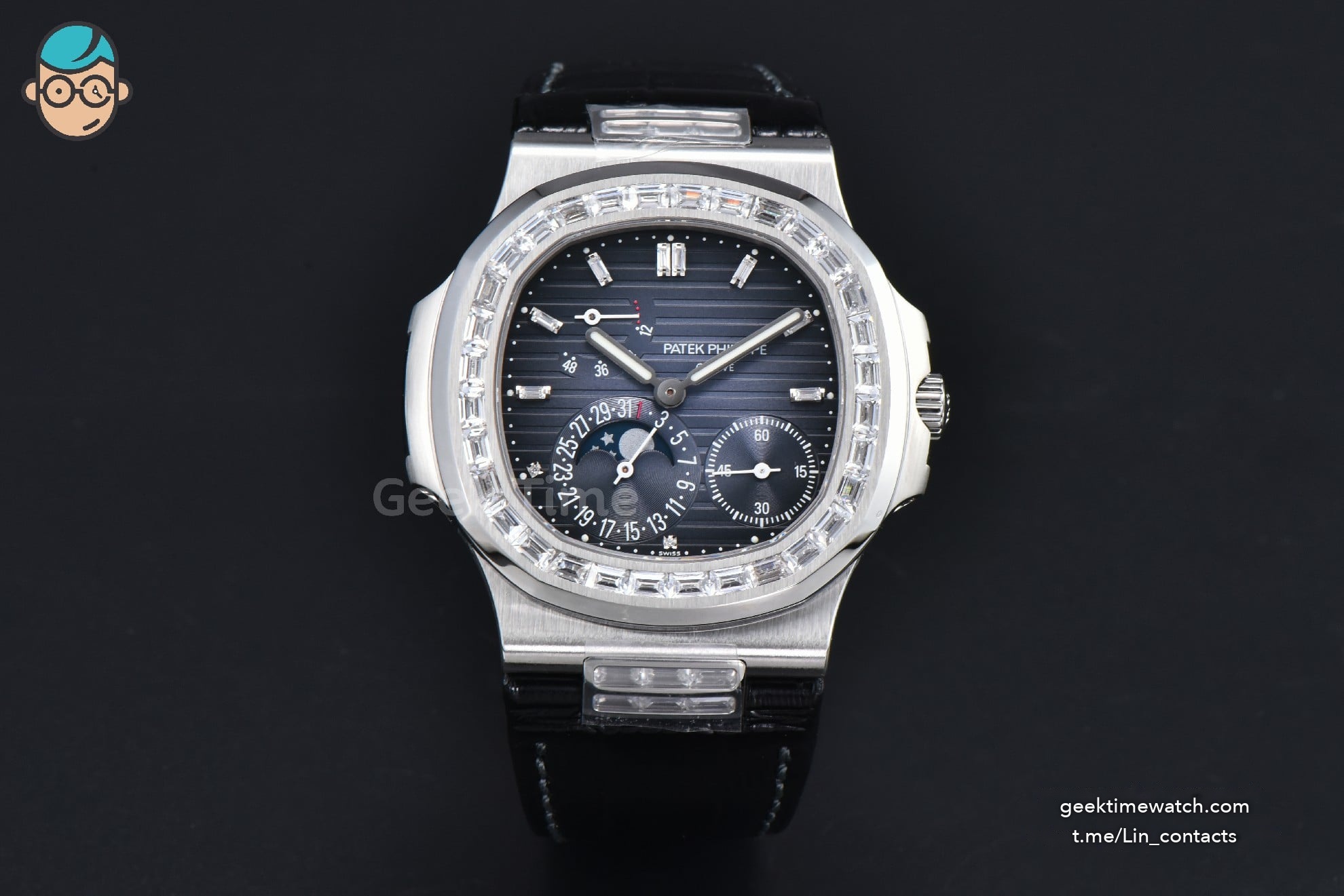 Nautilus 5712 40mm Gray PPF Diamond Bezel Blue Dial Diamond Marker Moonphase Black Leather Strap A240