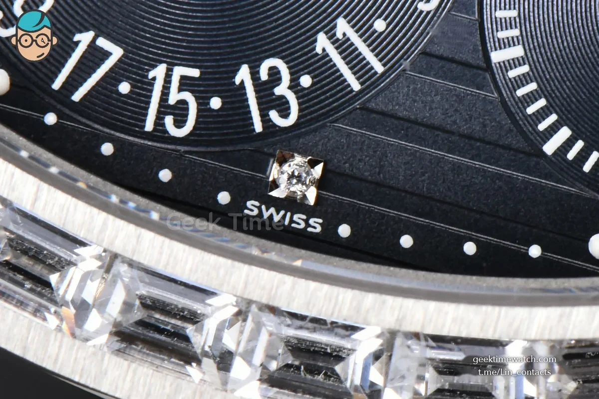 Nautilus 5712 40mm Gray PPF Diamond Bezel Blue Dial Diamond Marker Moonphase Black Leather Strap A240