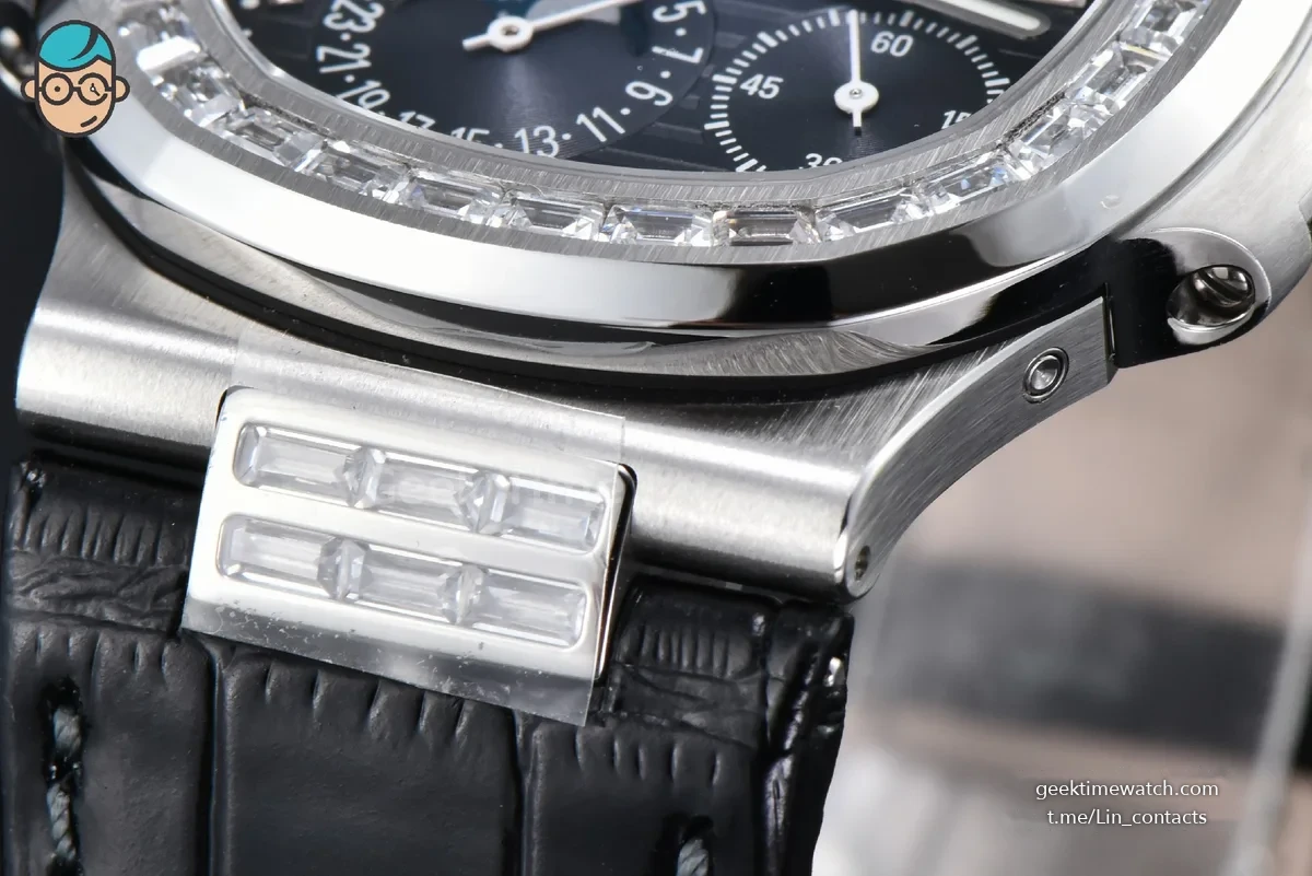 Nautilus 5712 40mm Gray PPF Diamond Bezel Blue Dial Diamond Marker Moonphase Black Leather Strap A240