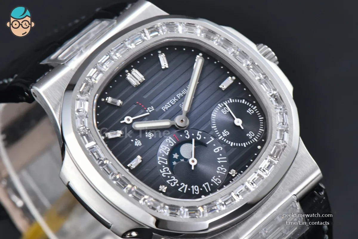 Nautilus 5712 40mm Gray PPF Diamond Bezel Blue Dial Diamond Marker Moonphase Black Leather Strap A240