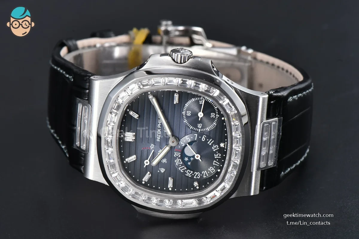 Nautilus 5712 40mm Gray PPF Diamond Bezel Blue Dial Diamond Marker Moonphase Black Leather Strap A240