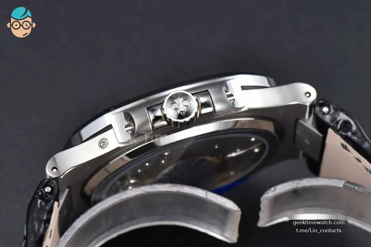 Nautilus 5712 40mm Gray PPF Diamond Bezel Blue Dial Diamond Marker Moonphase Black Leather Strap A240