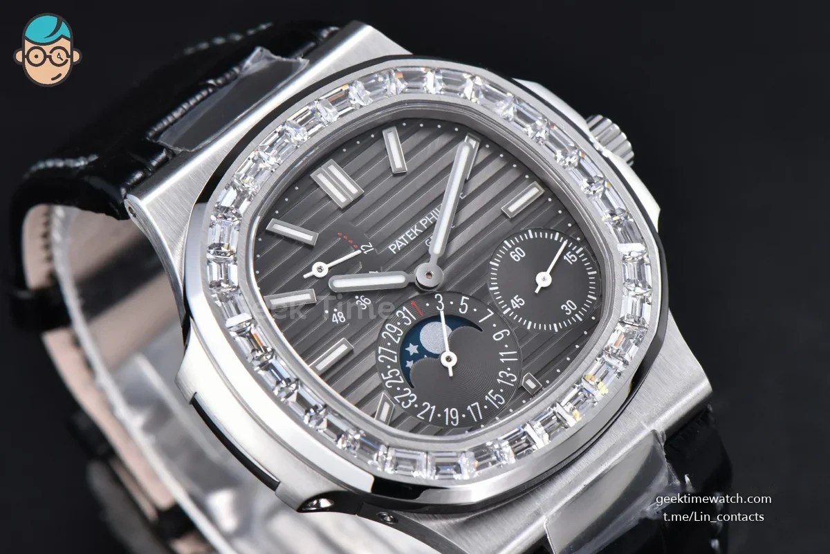 Nautilus 5712 40mm PPF Diamond Gray Dial Moonphase Leather Strap A240 Super Clone V4