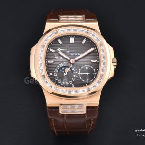 Nautilus 5712 40mm RG PPF Diamond Bezel Gray Dial Diamond Marker Moonphase Brown Leather Strap A240