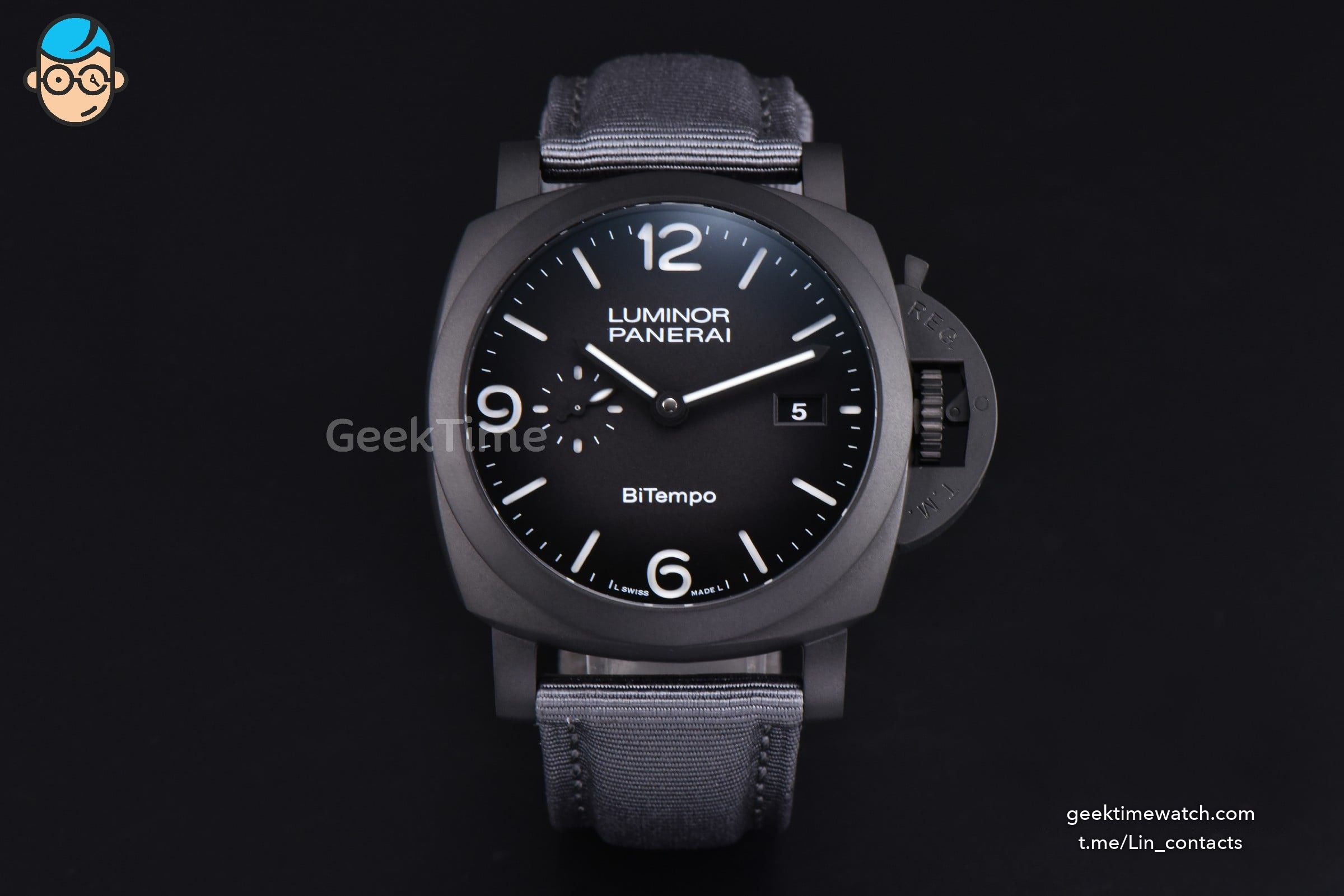 PAM1467 Luminor BiTempo Titanium DLC 44mm VSF Black Dial Gray Nylon Strap P9010