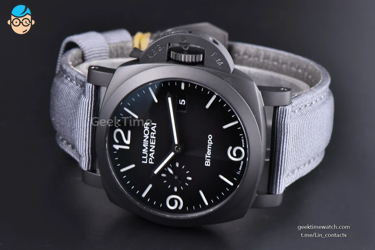 PAM1467 Luminor BiTempo Titanium DLC 44mm VSF Black Dial Gray Nylon Strap P9010