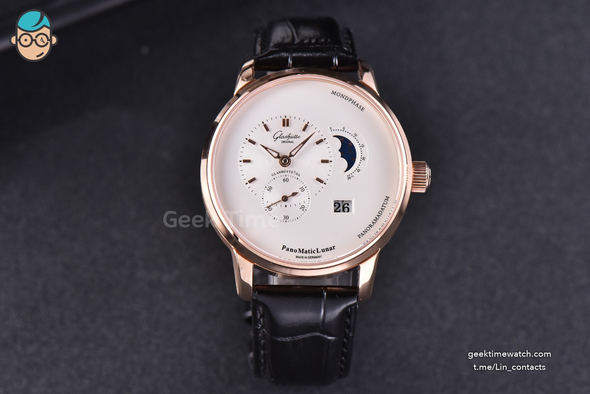 PanoMatic Lunar TZF RG 40MM White Dial Black Leather Strap A23J