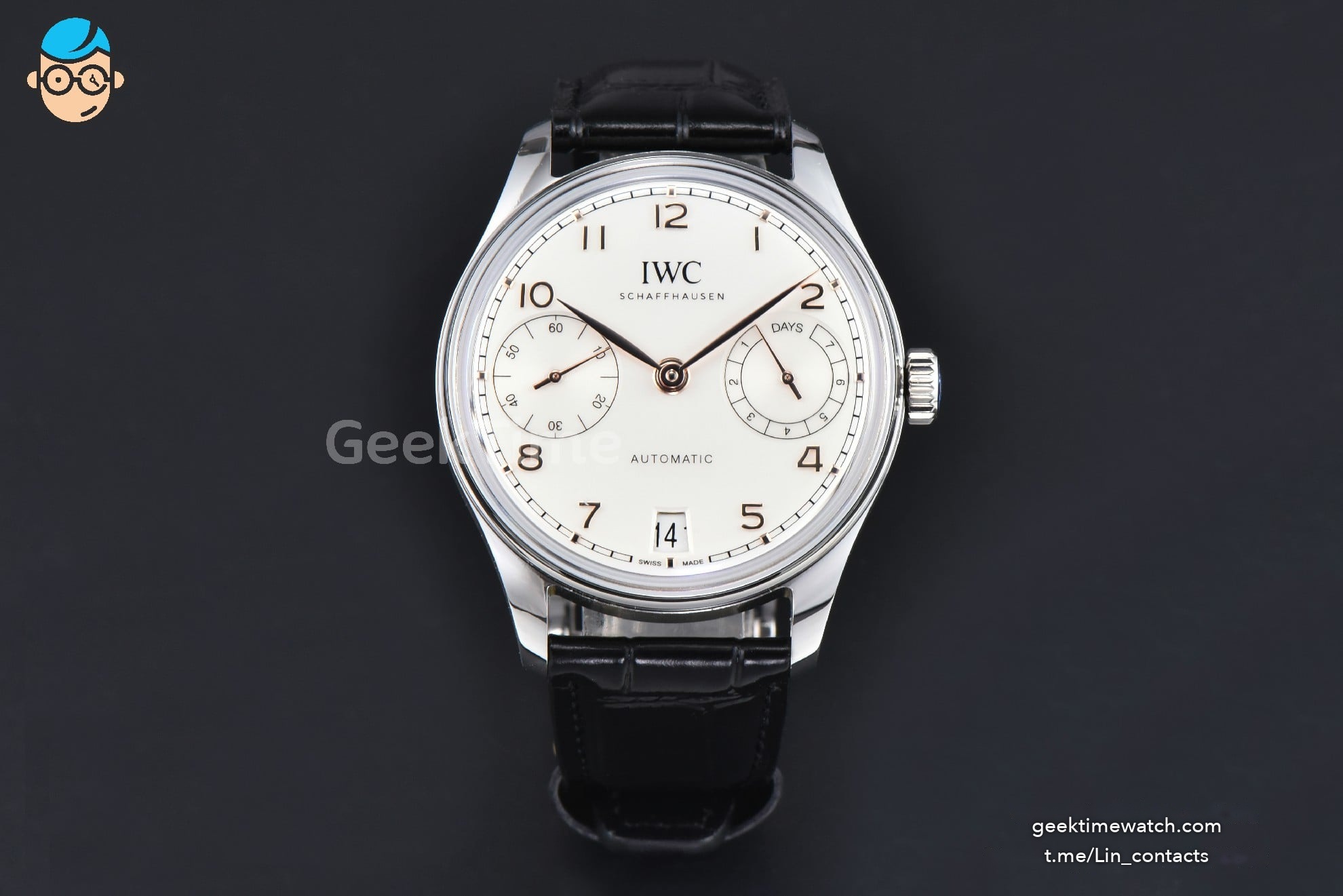 Portugieser Automatic 7 Days IW500703 42mm SS APSF White Dial Gold Numeral Markers Black Leather Strap A52010