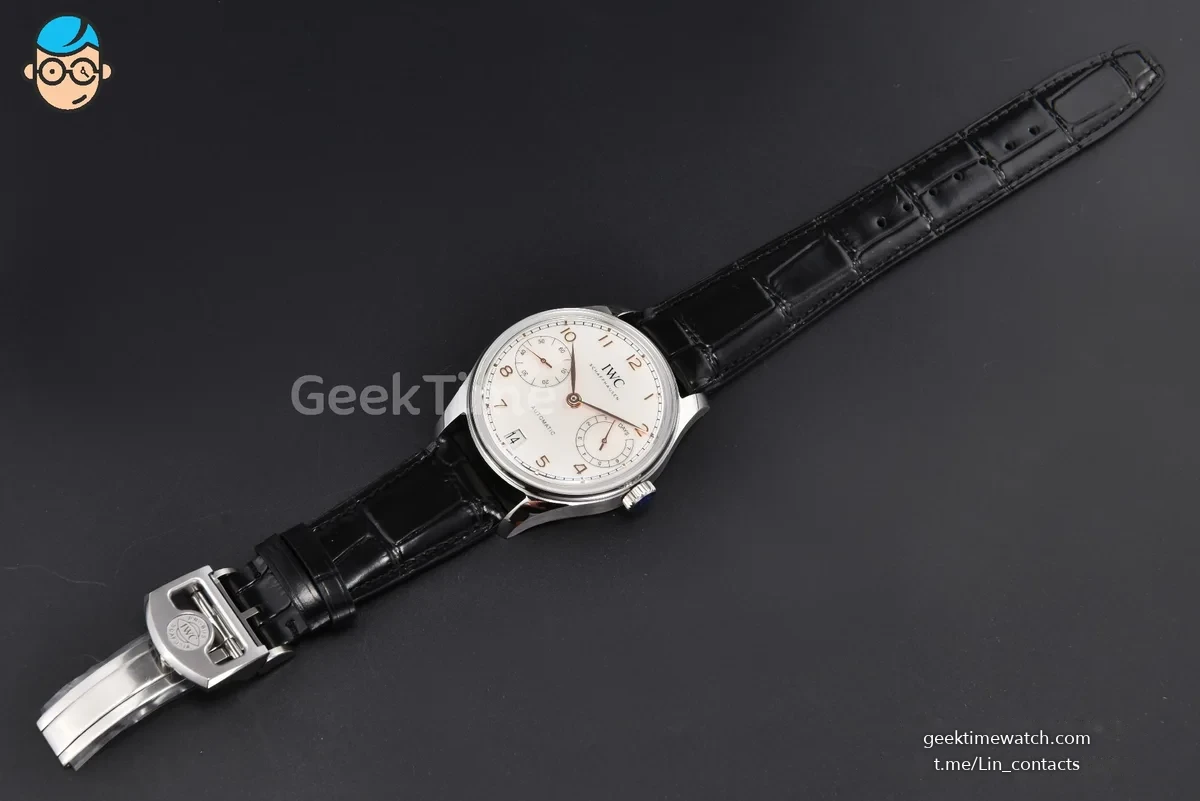 Portugieser Automatic 7 Days IW500703 42mm SS APSF White Dial Gold Numeral Markers Black Leather Strap A52010