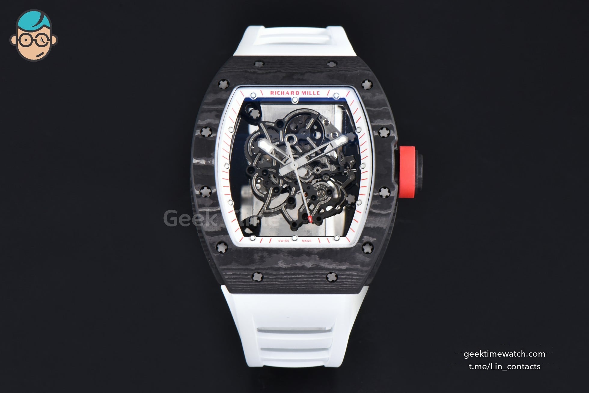 RM055 APSF 42.7mm White Skeleton Dial Black Bezel Red Crown White Rubber Strap RMUL2