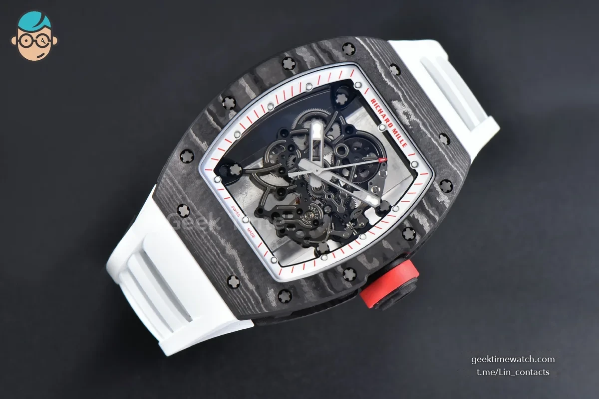 RM055 APSF 42.7mm White Skeleton Dial Black Bezel Red Crown White Rubber Strap RMUL2