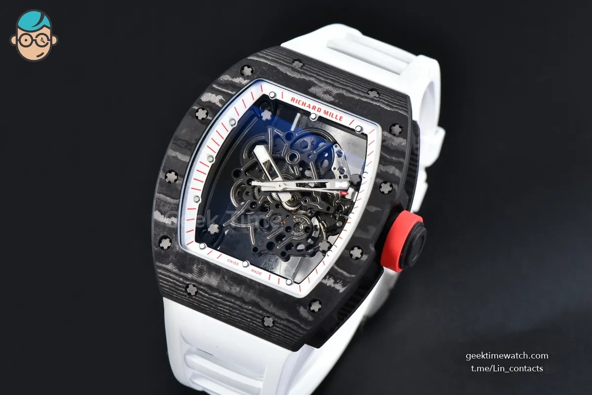 RM055 APSF 42.7mm White Skeleton Dial Black Bezel Red Crown White Rubber Strap RMUL2