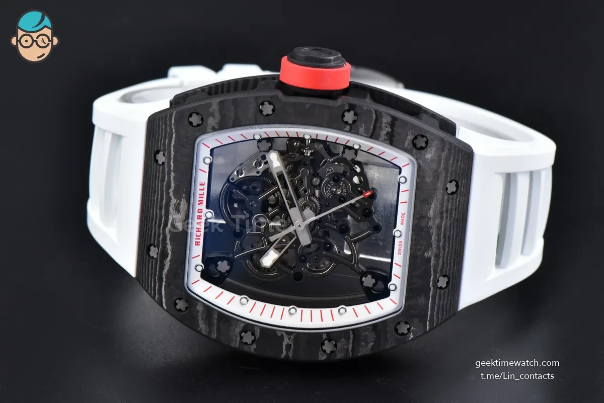 RM055 APSF 42.7mm White Skeleton Dial Black Bezel Red Crown White Rubber Strap RMUL2