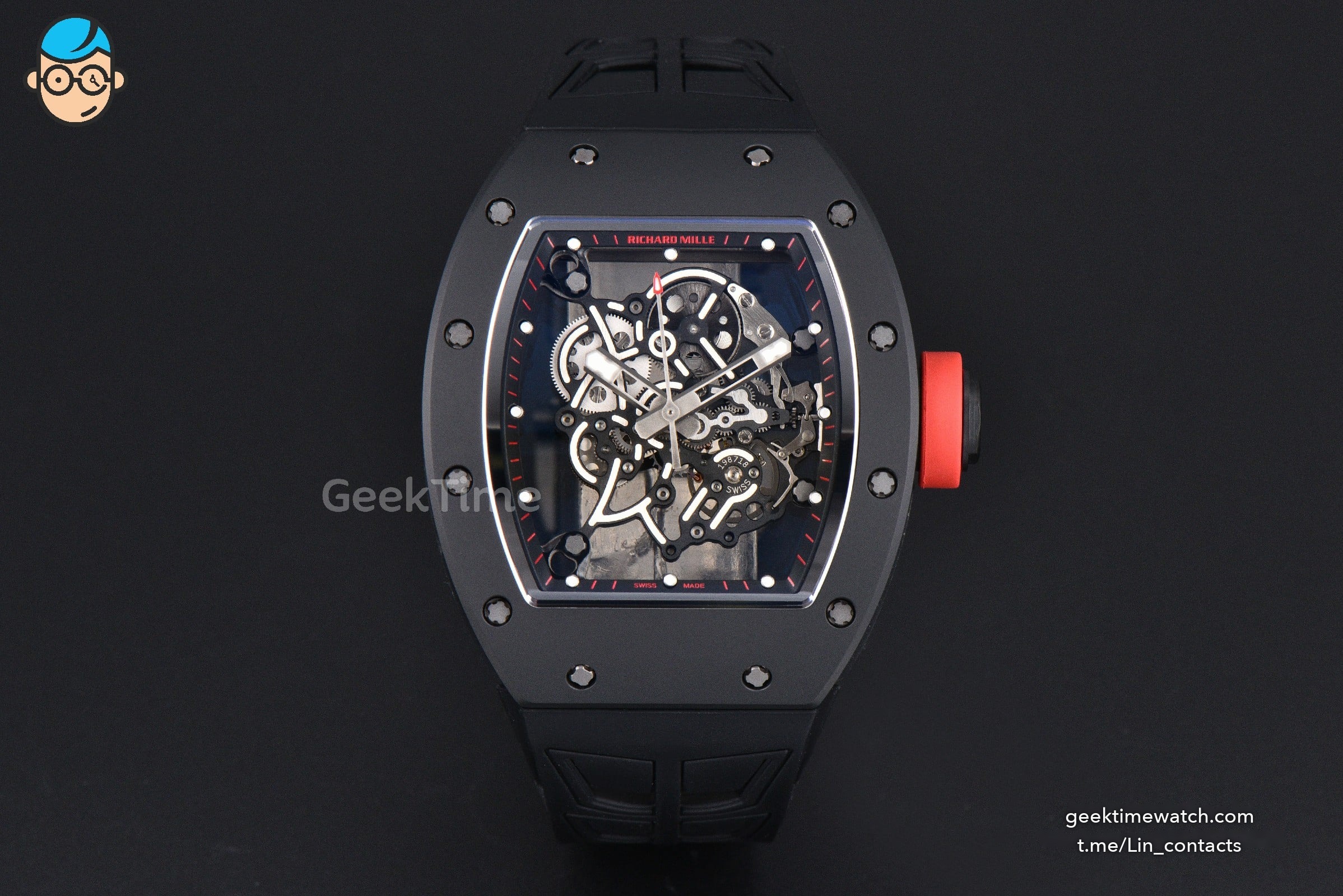 RM055 Ceramic ZF 42.7mm Black Bezel Black Skeleton Dial Red Crown on Black Rubber Strap RMUL2