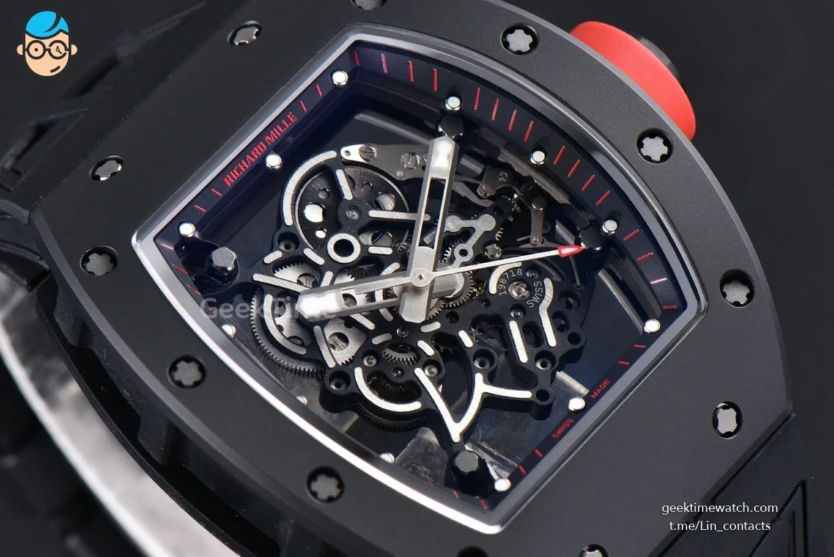 RM055 Ceramic ZF 42.7mm Black Bezel Black Skeleton Dial Red Crown on Black Rubber Strap RMUL2