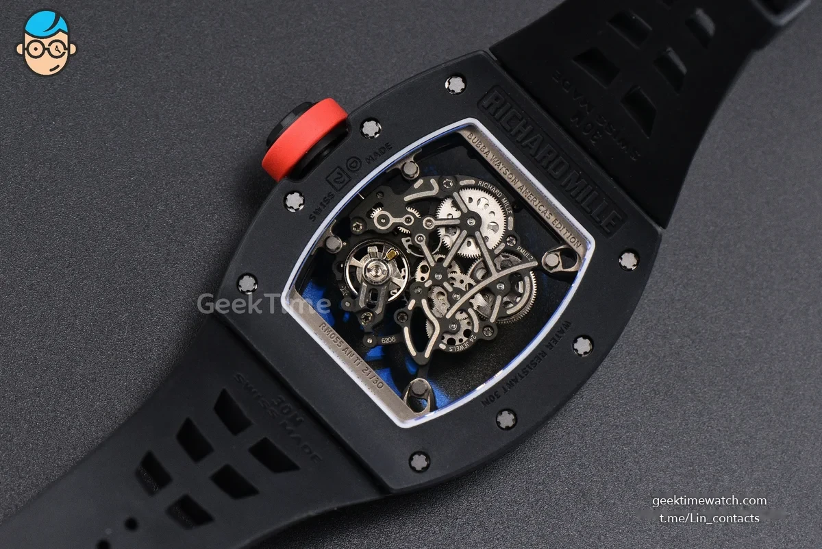 RM055 Ceramic ZF 42.7mm Black Bezel Black Skeleton Dial Red Crown on Black Rubber Strap RMUL2