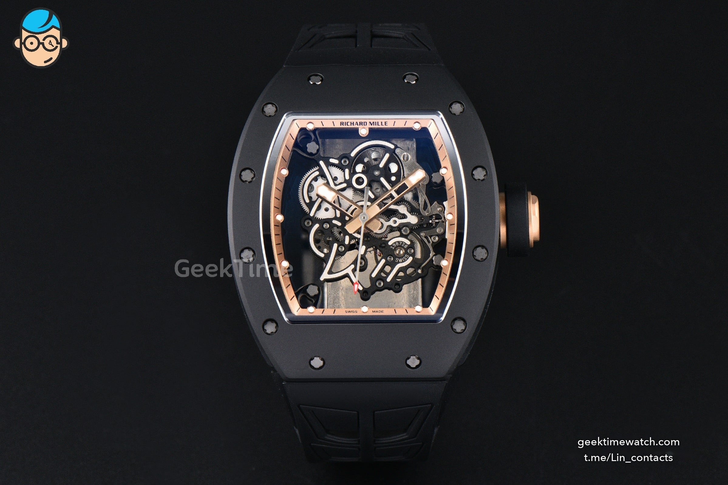 RM055 Ceramic ZF 42.7mm Black Bezel Gold Skeleton Dial Black Crown on Black Rubber Strap RMUL2