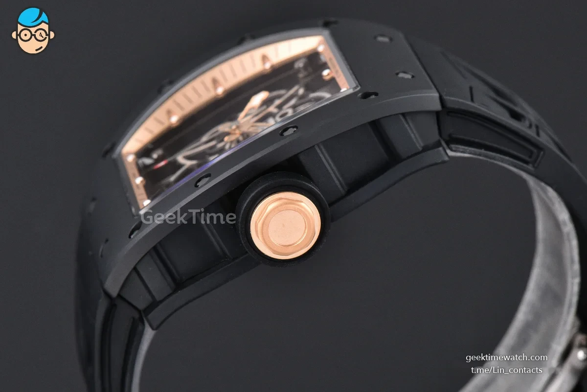 RM055 Ceramic ZF 42.7mm Black Bezel Gold Skeleton Dial Black Crown on Black Rubber Strap RMUL2