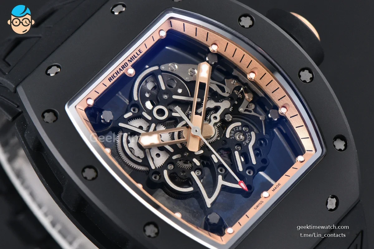 RM055 Ceramic ZF 42.7mm Black Bezel Gold Skeleton Dial Black Crown on Black Rubber Strap RMUL2