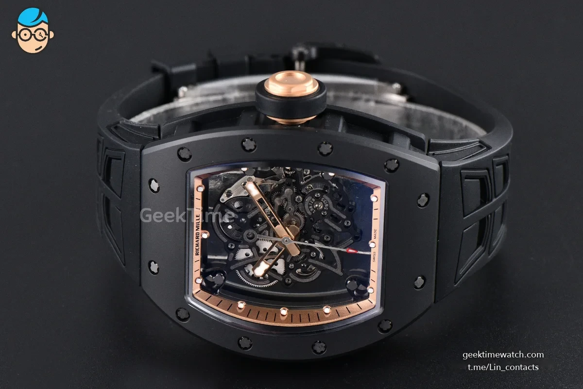 RM055 Ceramic ZF 42.7mm Black Bezel Gold Skeleton Dial Black Crown on Black Rubber Strap RMUL2