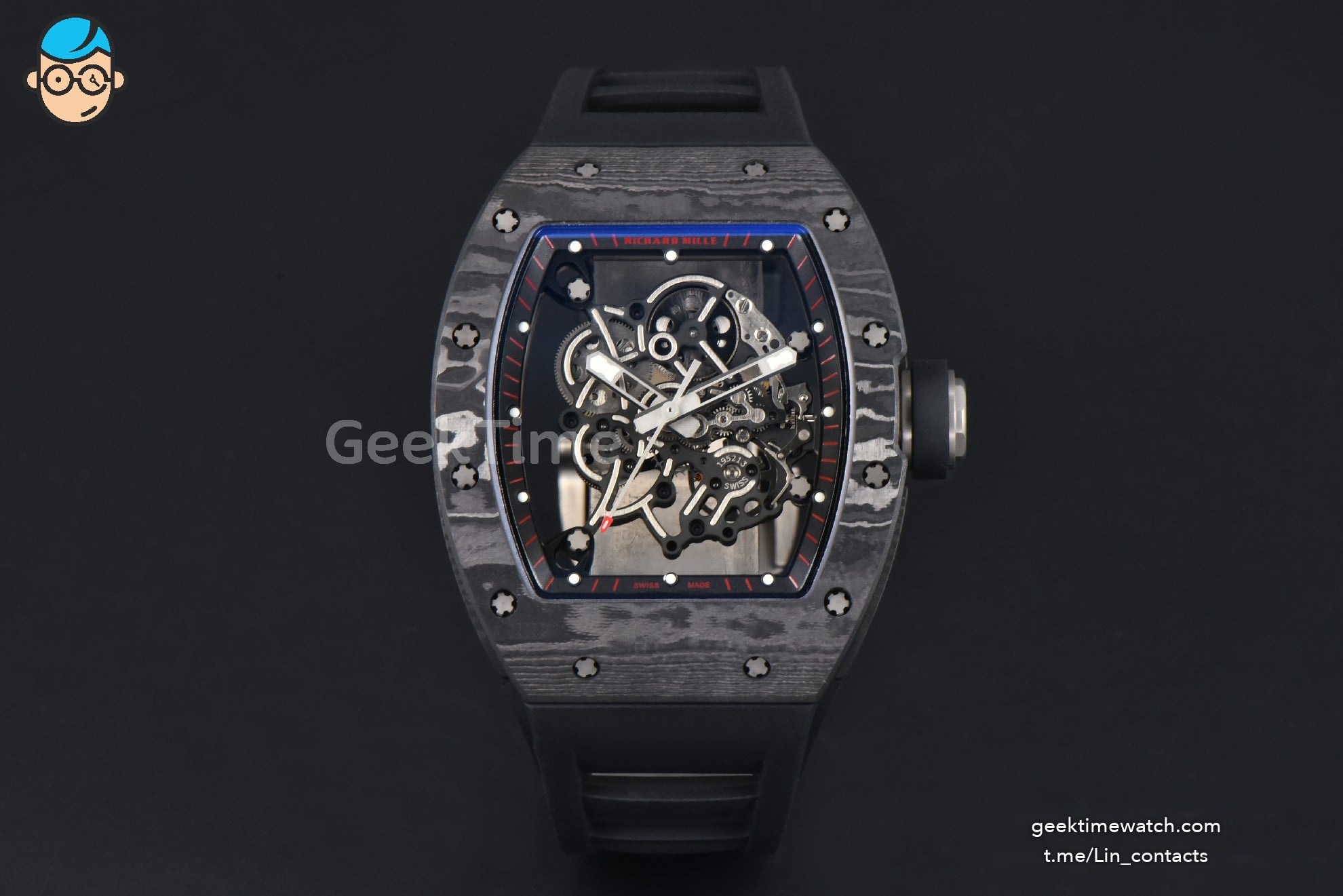RM055 NTPT APSF 42.7mm Black Bezel Black Skeleton Dial Black Crown on Black Rubber Strap RMUL2