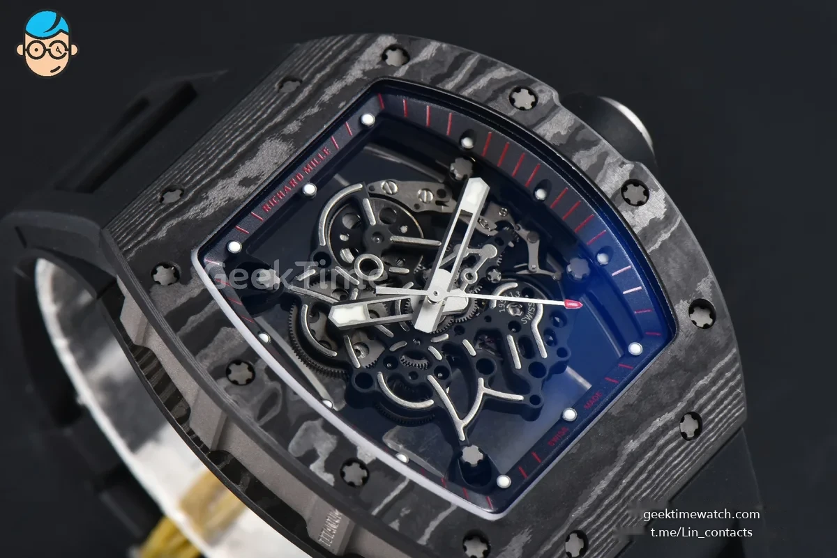 RM055 NTPT APSF 42.7mm Black Bezel Black Skeleton Dial Black Crown on Black Rubber Strap RMUL2