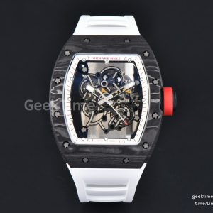 RM055 NTPT APSF 42.7mm Black Bezel White Skeleton Dial Red Crown on White Rubber Strap RMUL2
