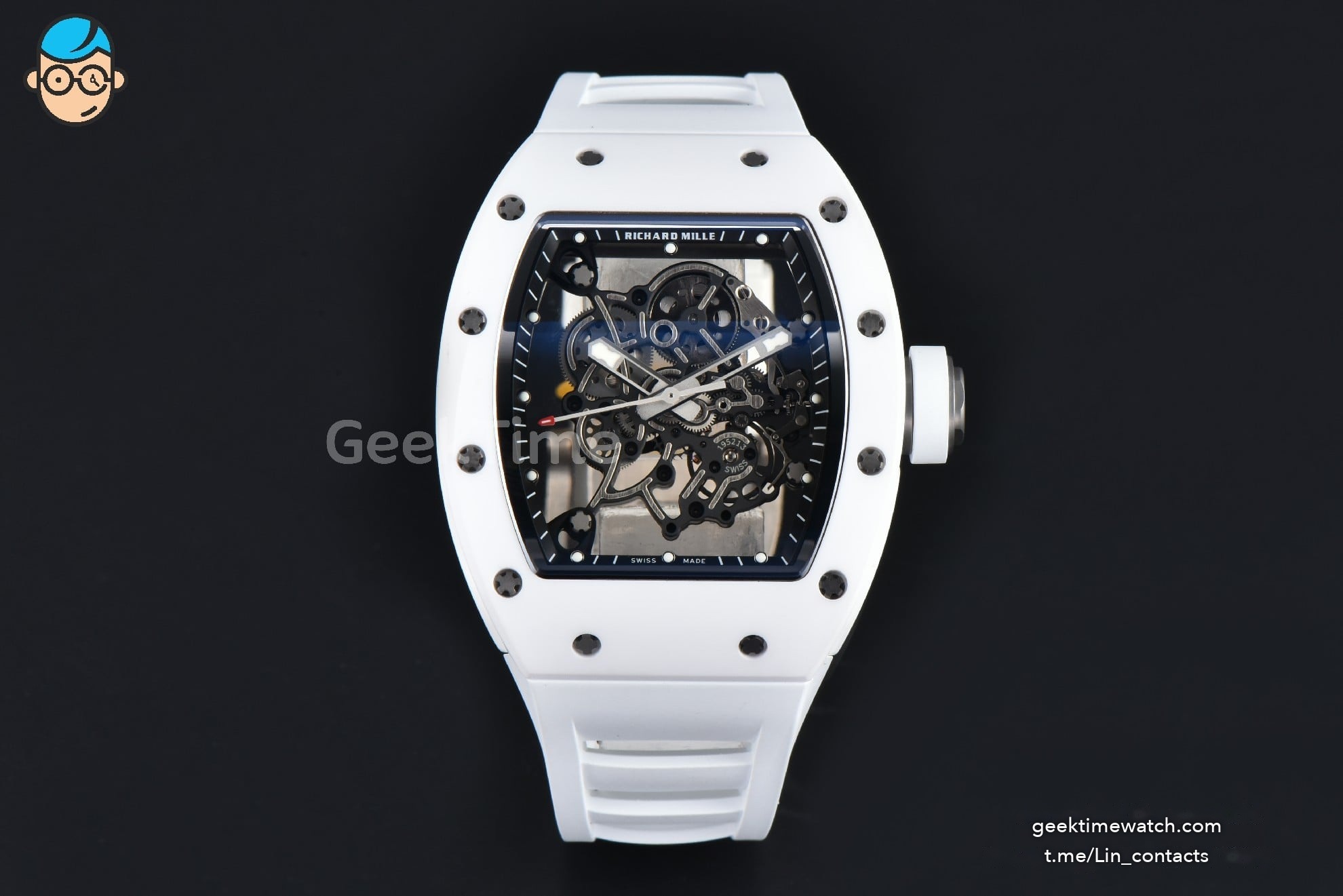 RM055 NTPT APSF 42.7mm White Bezel Black Skeleton Dial White Crown on White Rubber Strap RMUL2