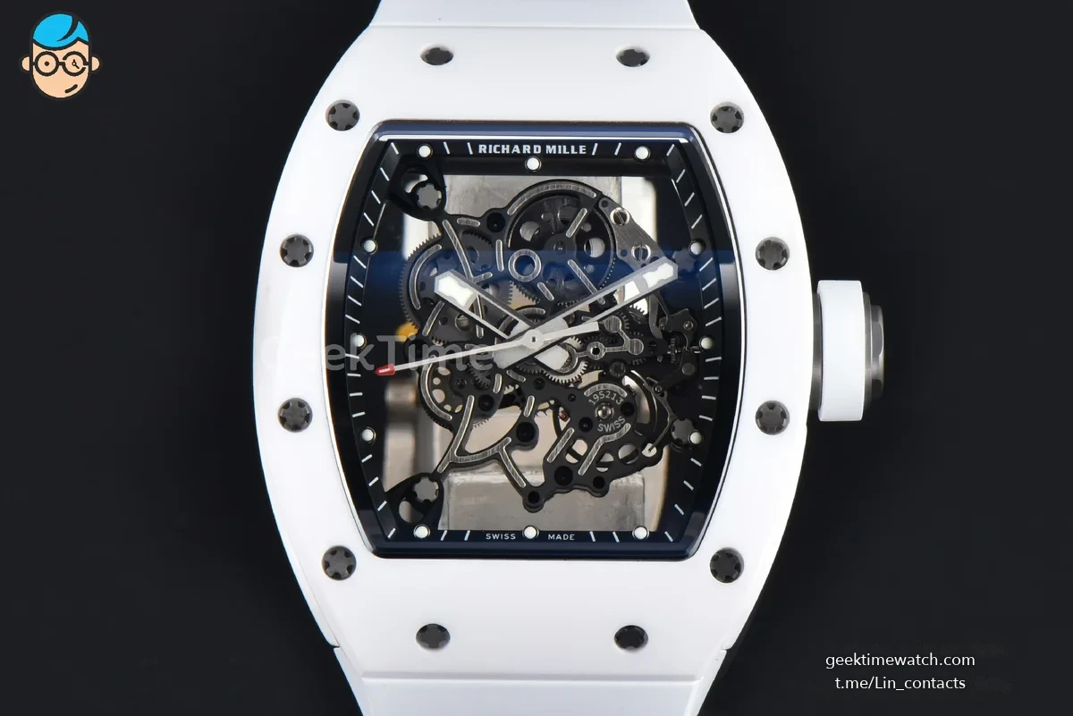 RM055 NTPT APSF 42.7mm White Bezel Black Skeleton Dial White Crown on White Rubber Strap RMUL2
