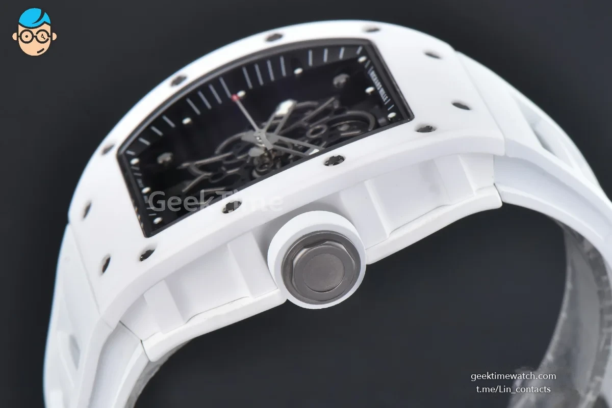 RM055 NTPT APSF 42.7mm White Bezel Black Skeleton Dial White Crown on White Rubber Strap RMUL2
