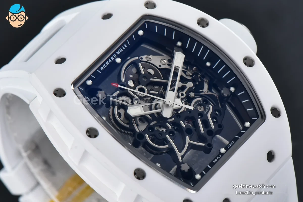 RM055 NTPT APSF 42.7mm White Bezel Black Skeleton Dial White Crown on White Rubber Strap RMUL2