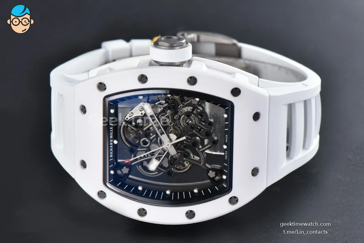 RM055 NTPT APSF 42.7mm White Bezel Black Skeleton Dial White Crown on White Rubber Strap RMUL2