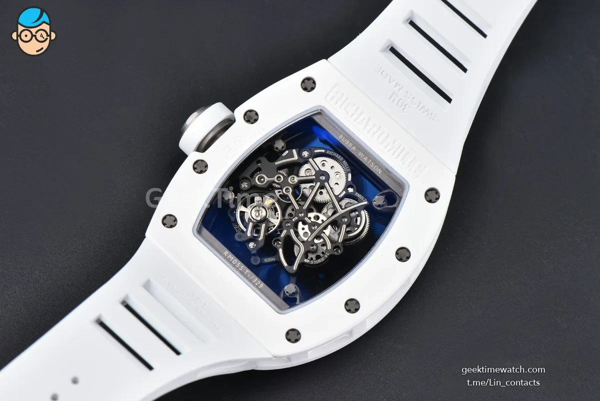 RM055 NTPT APSF 42.7mm White Bezel Black Skeleton Dial White Crown on White Rubber Strap RMUL2